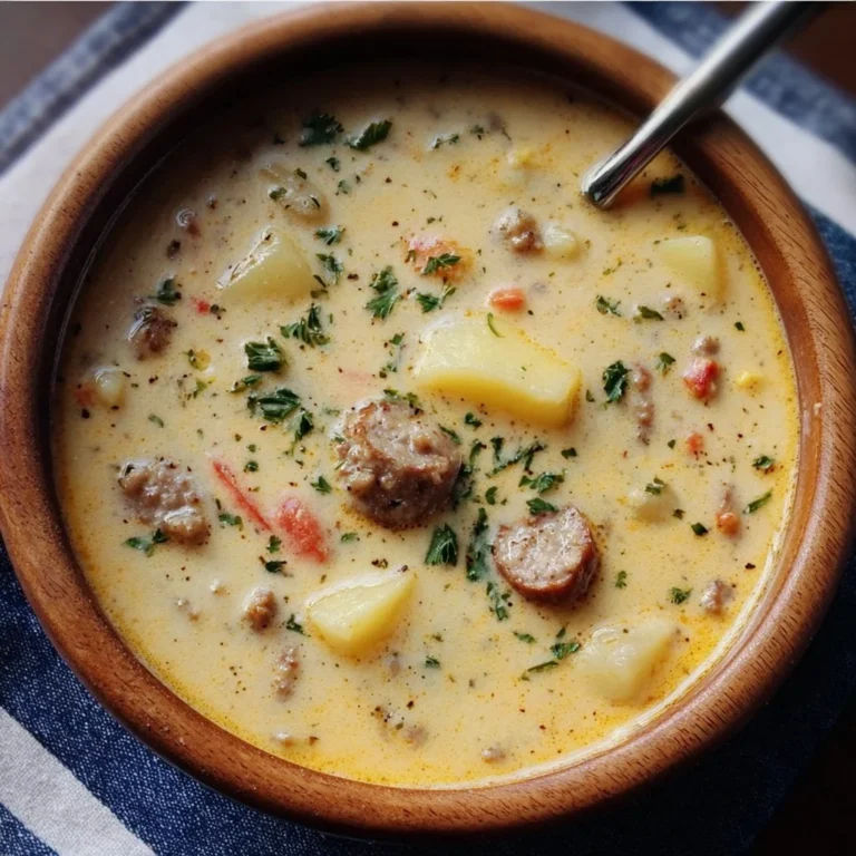 Bowl of creamy sausage potato soup garnished with herbs and bread