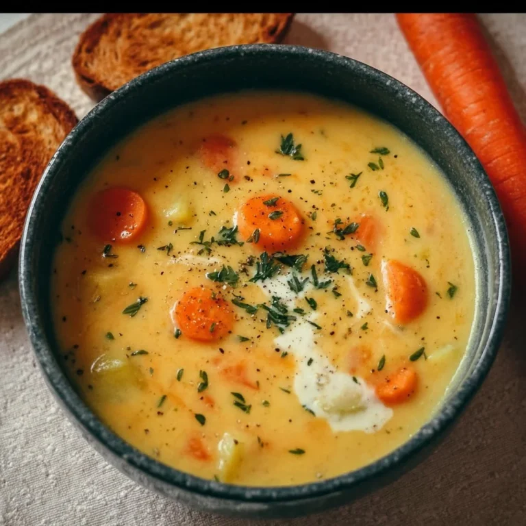 Bowl of creamy vegan carrot potato soup with fresh herbs
