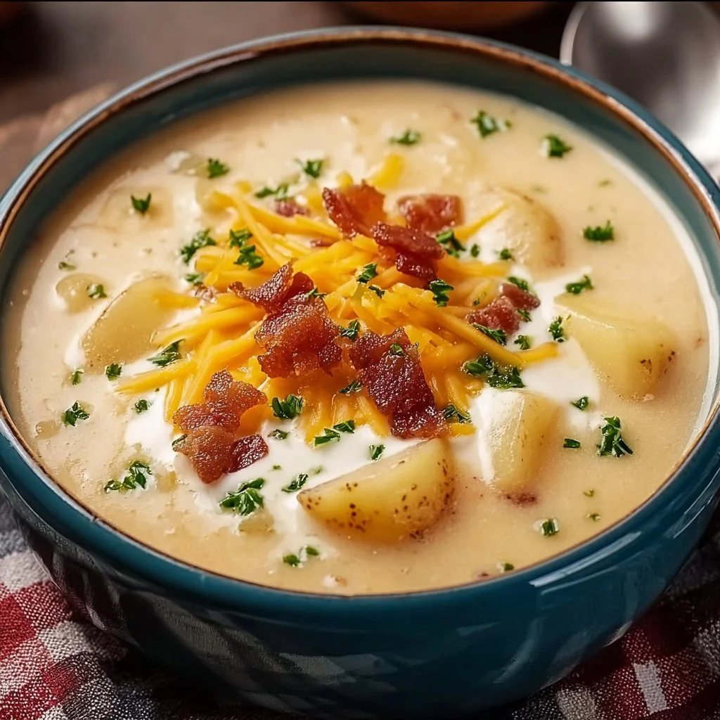 A warm bowl of Crock Pot Crack Potato Soup garnished with green onions and bacon.