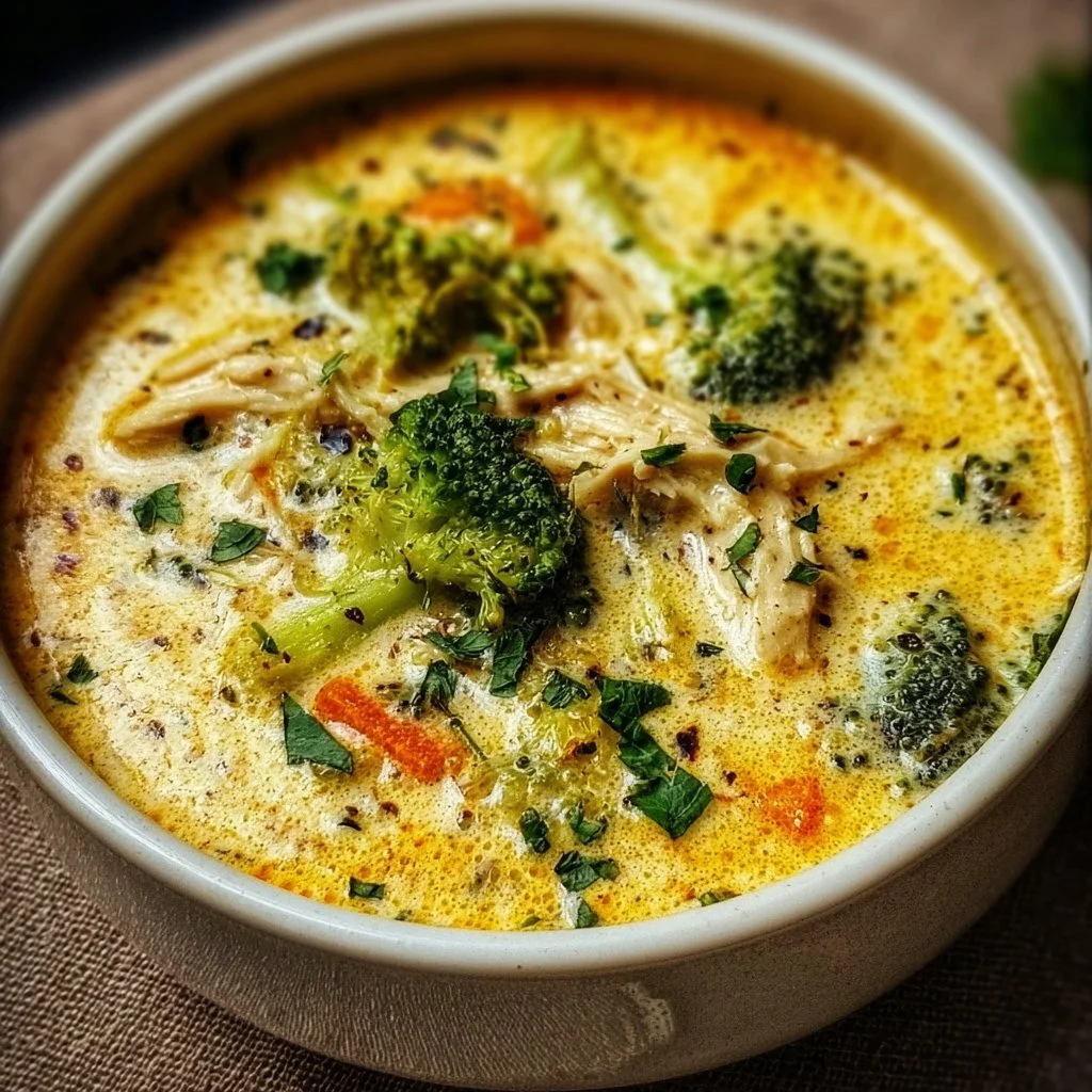 Bowl of crockpot cheesy chicken broccoli soup with cheese and broccoli