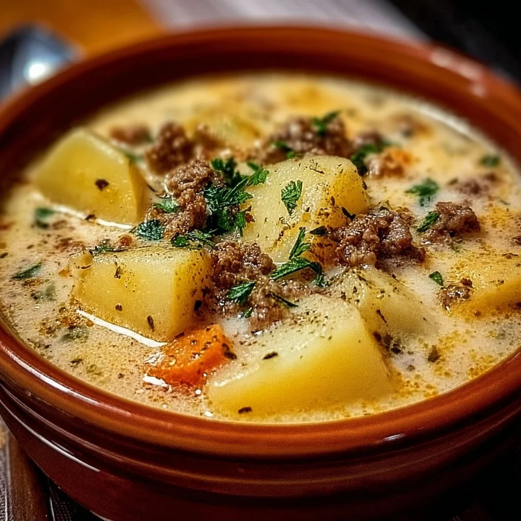 Crockpot creamy potato and hamburger soup in a bowl, garnished with herbs.