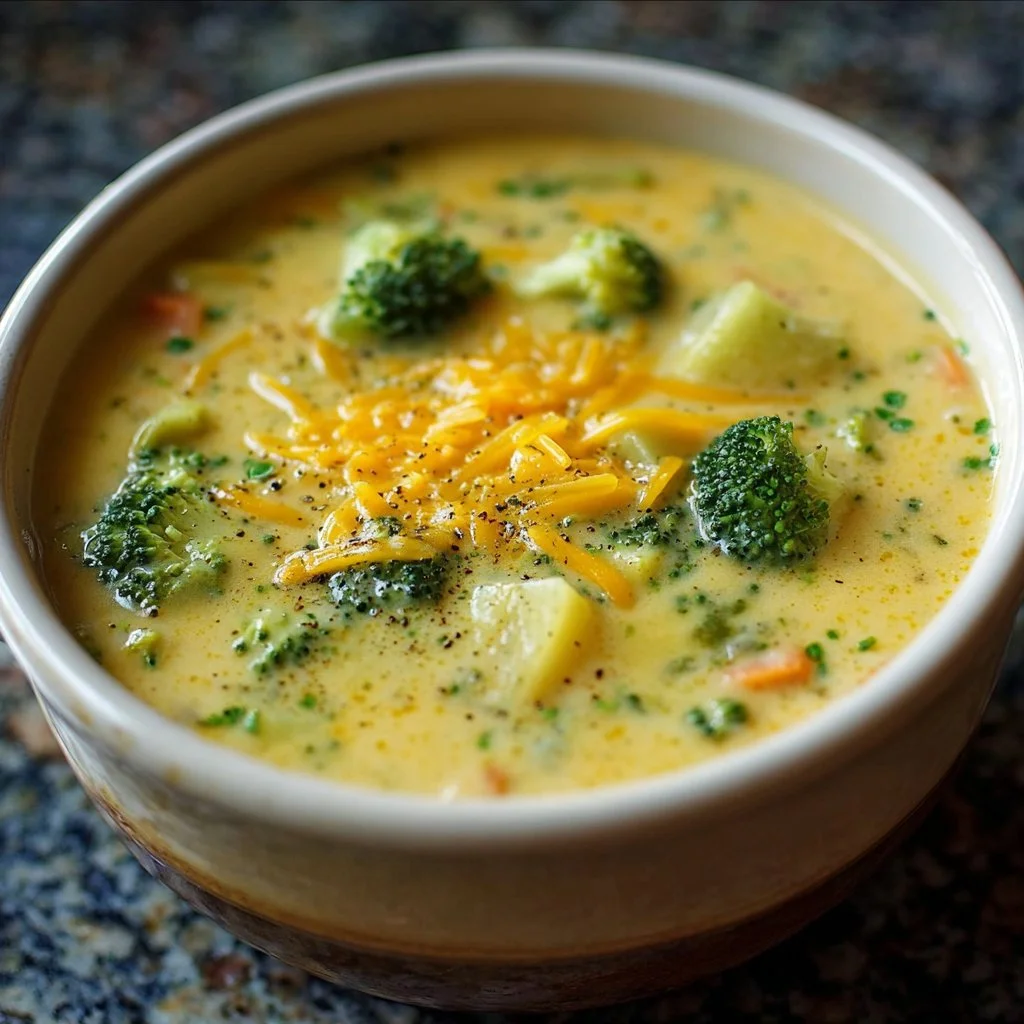 Bowl of creamy crockpot potato broccoli cheddar soup garnished with herbs