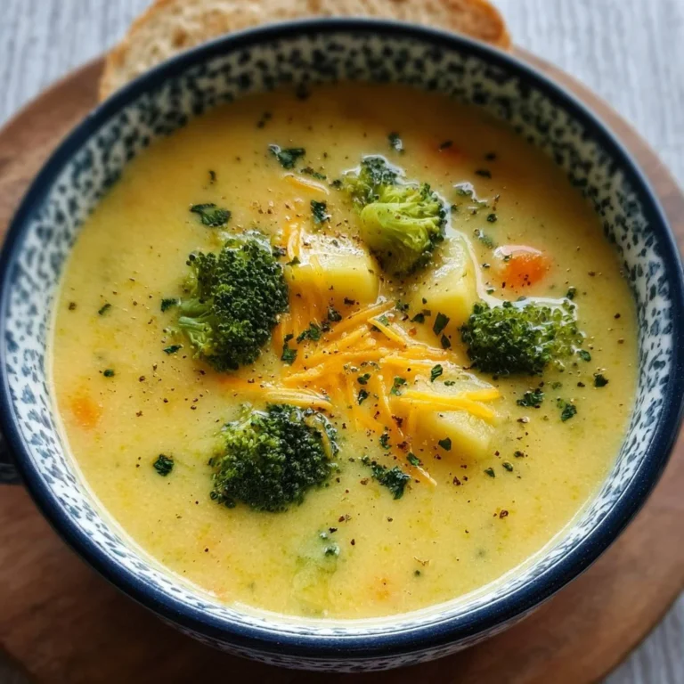 Creamy crockpot potato broccoli cheddar soup in a bowl with fresh toppings