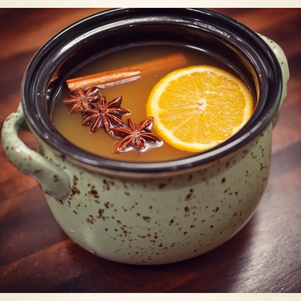 Crockpot spiced apple cider simmering with aromatic spices and fresh apples