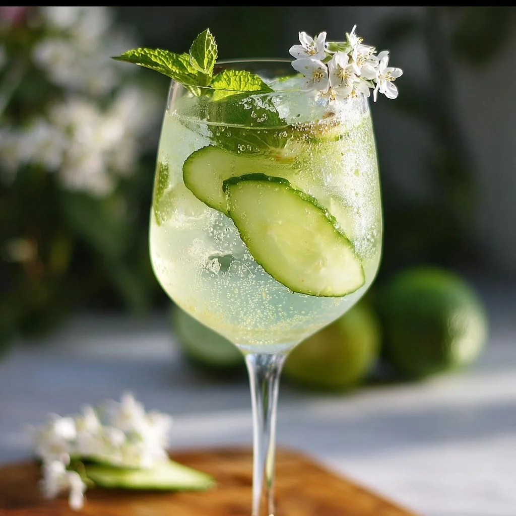 Cucumber Elderflower Spritz mocktail served in a glass with garnishes