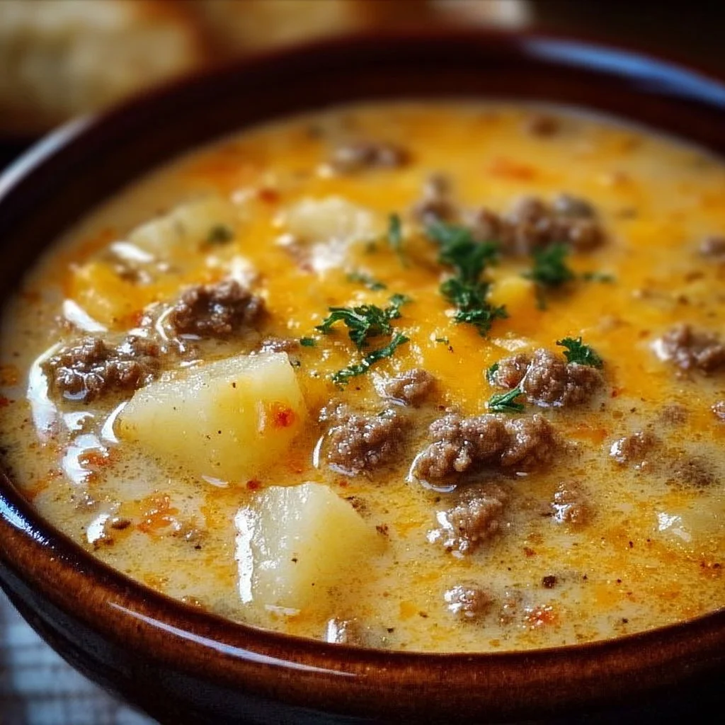 Bowl of easy cheesy hamburger potato soup garnished with fresh herbs