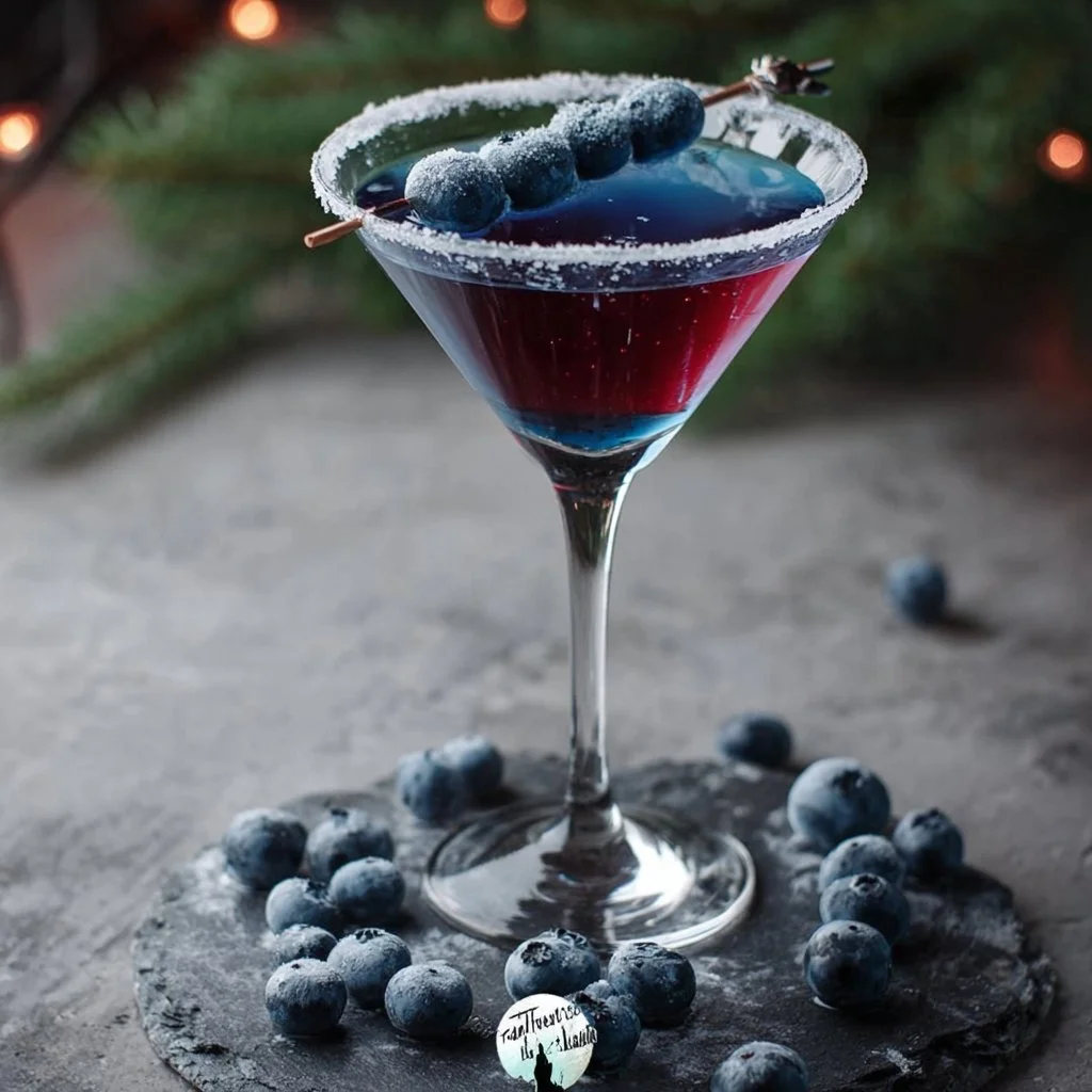 Frostbite Blueberry Martini with fresh blueberries and a twist of lemon