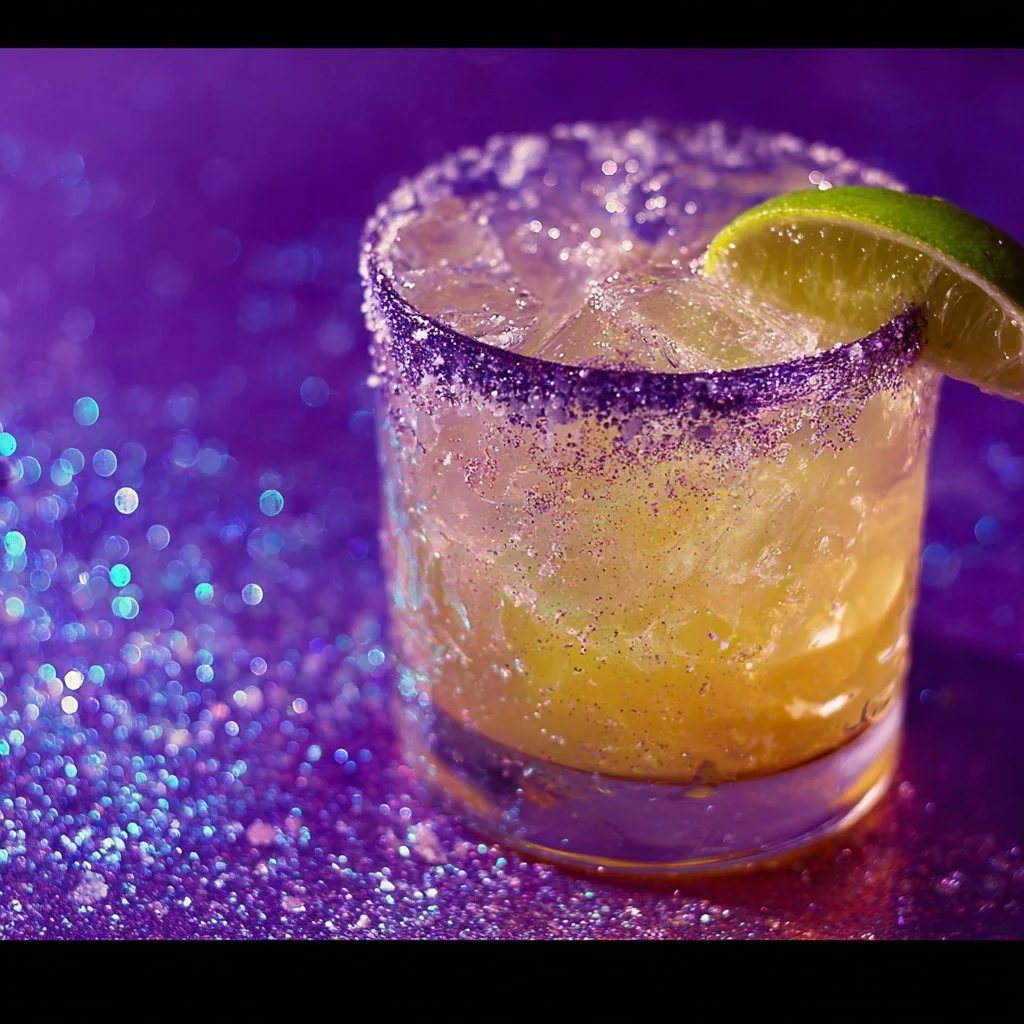 An eye-catching Galaxy Margarita cocktail with colorful layers and garnish.
