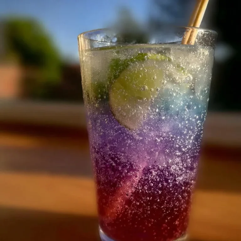 A colorful Galaxy Mocktail with spirals of blue and purple, garnished with fruit.