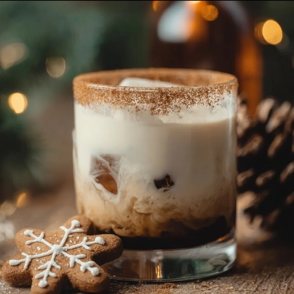 A delicious Gingerbread White Russian cocktail garnished with cinnamon and gingerbread.