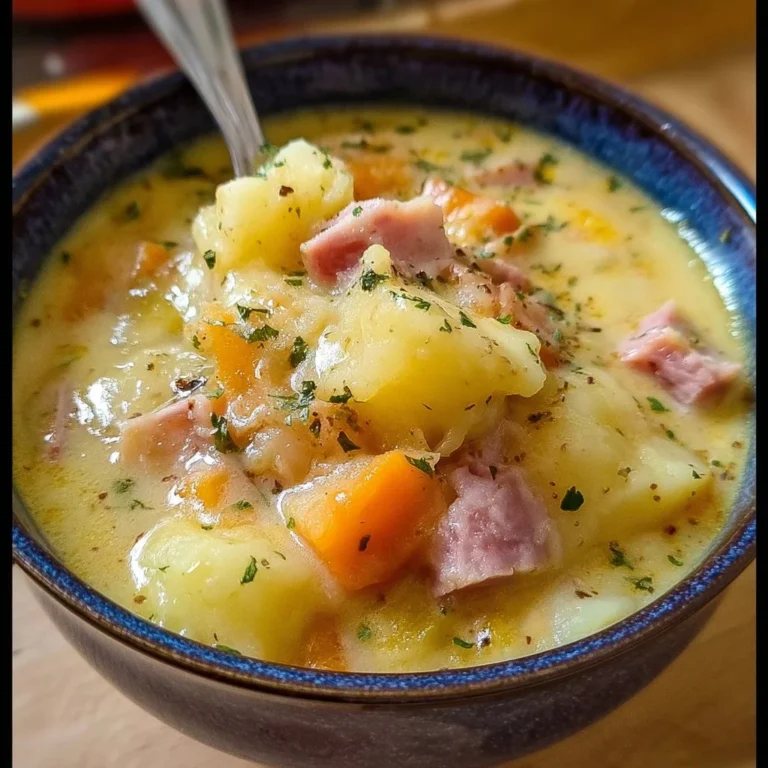 Hearty bowl of ham and potato soup garnished with herbs