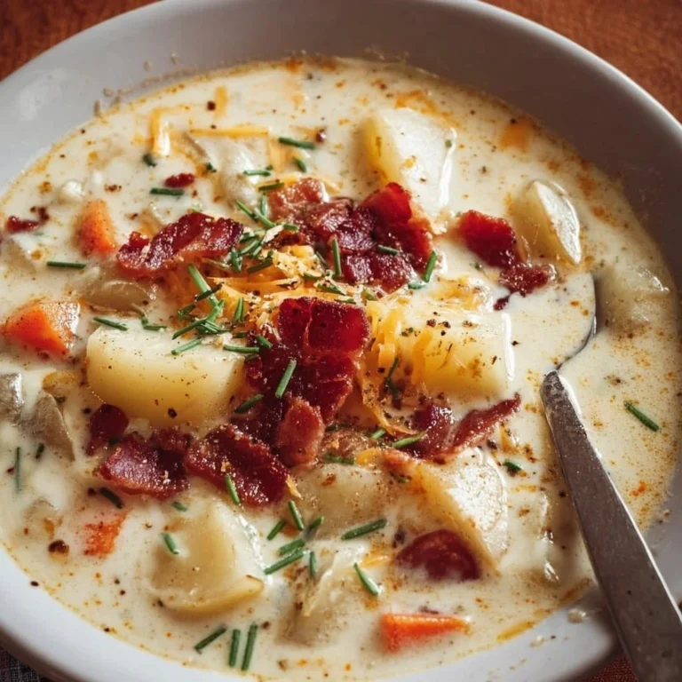 Bowl of hearty crockpot potato soup with bacon garnished with herbs