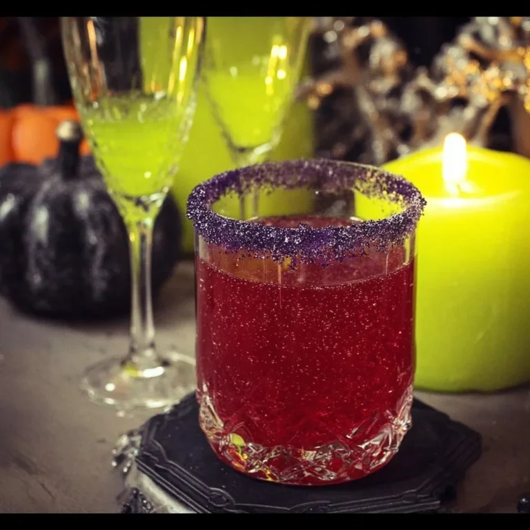 Hocus Pocus Halloween Cocktail served in a spooky glass.