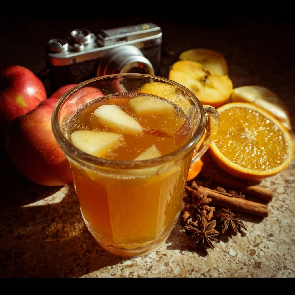 A pitcher of homemade apple cider with apples and spices on a wooden table.