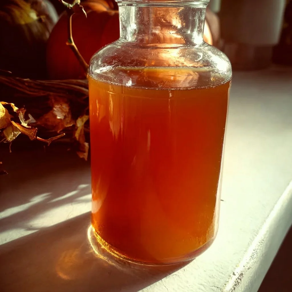 A glass of homemade cider with fresh apples and spices displayed on a wooden table.