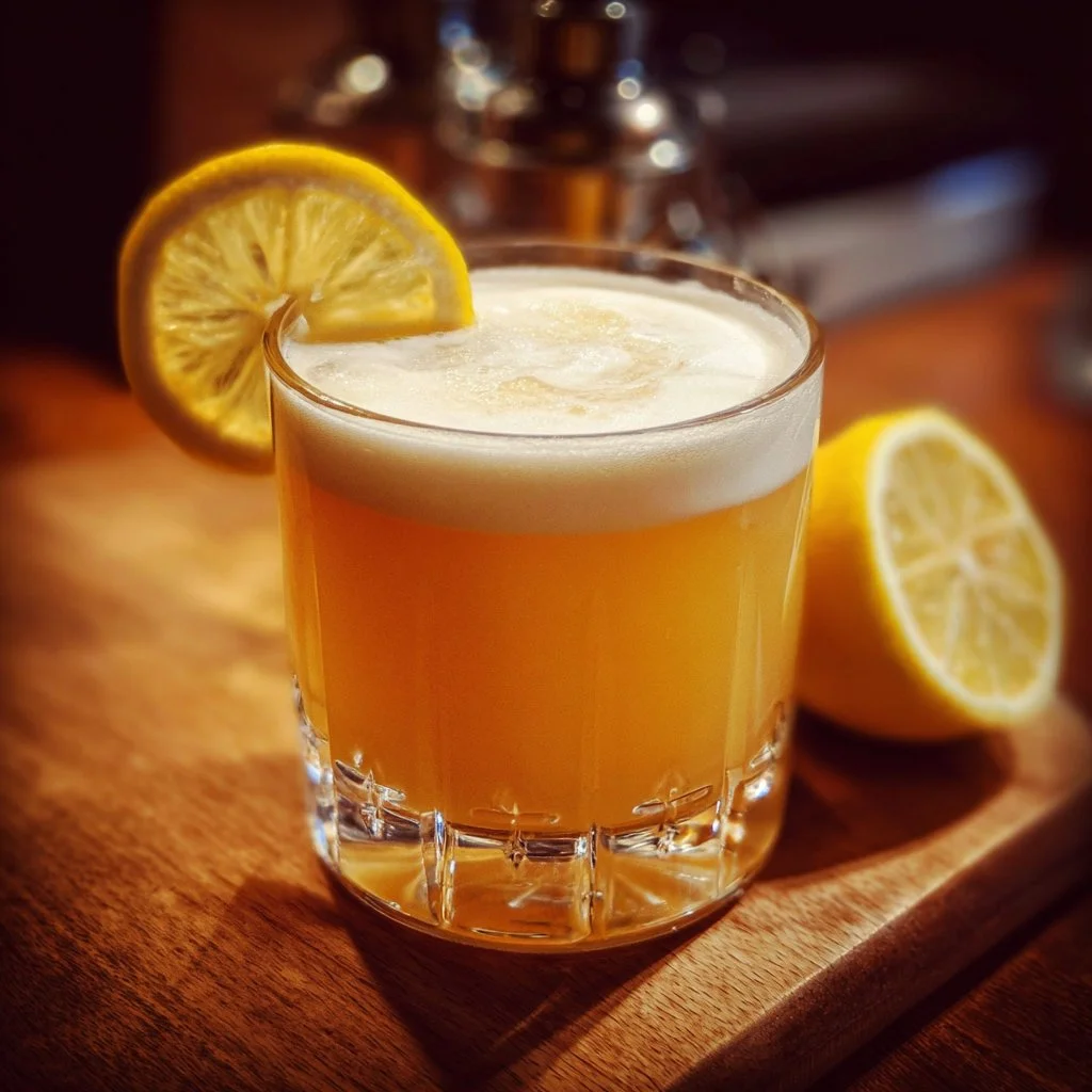 Honey Bunny Bourbon Sour cocktail with citrus and honey garnished on a table