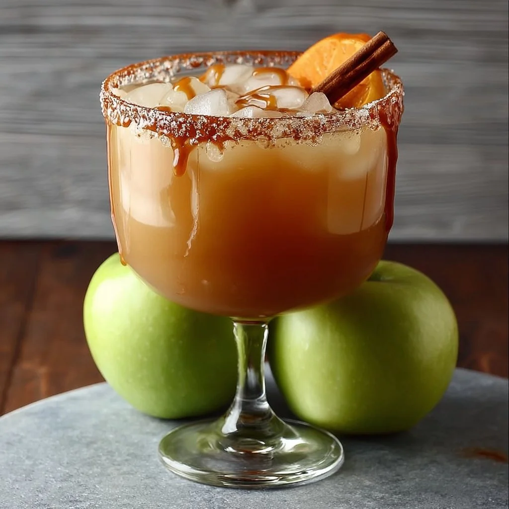 Delicious caramel apple cocktail garnished with caramel drizzle