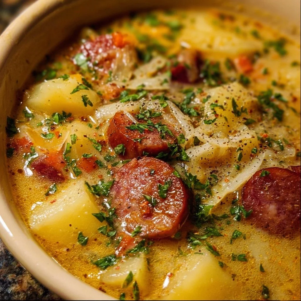 Bowl of creamy Kielbasa Potato Soup with fresh herbs and spices