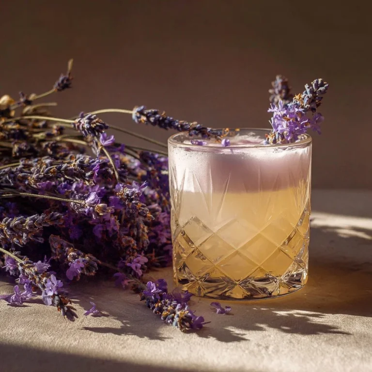 Lavender Gin Sour cocktail with garnished lavender sprigs and lemon slice