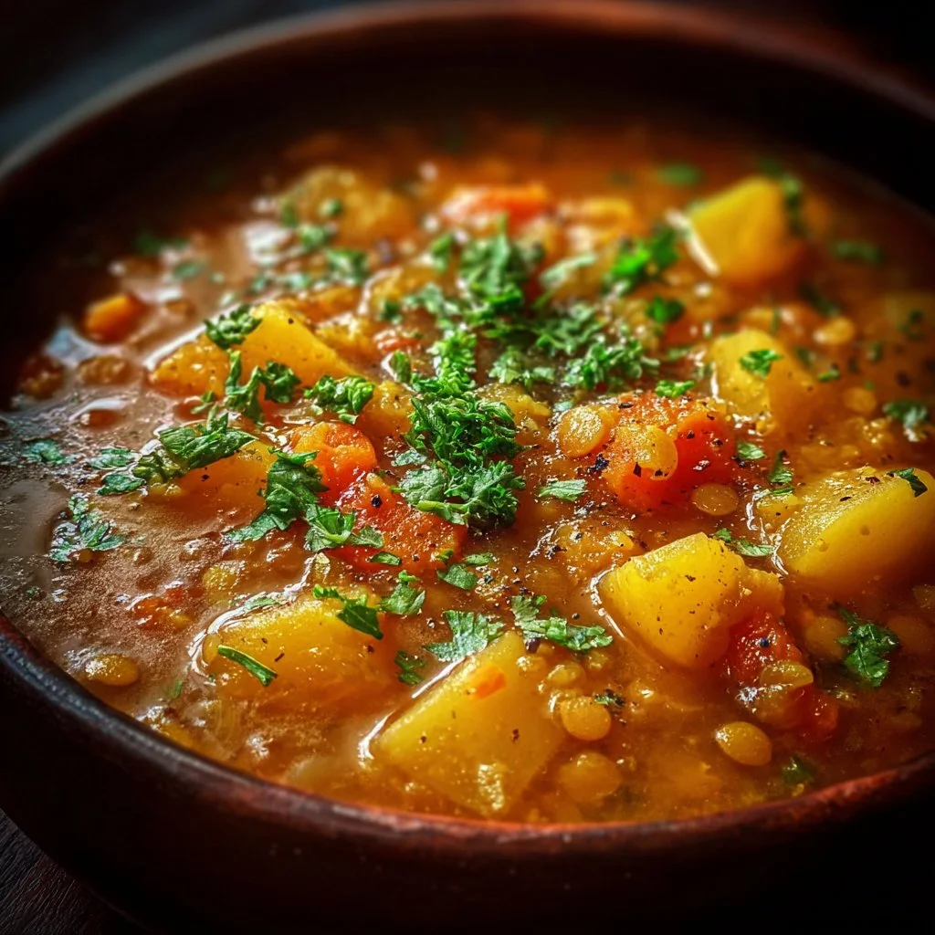 Bowl of homemade Lentil Potato Soup garnished with fresh herbs