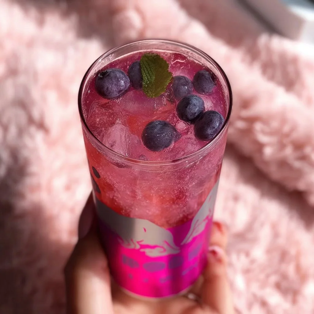 Pink spring mocktail with pink Red Bull spring edition garnished with flowers.