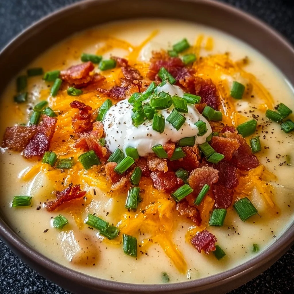 Delicious loaded baked potato soup in a bowl, topped with cheese and green onions.