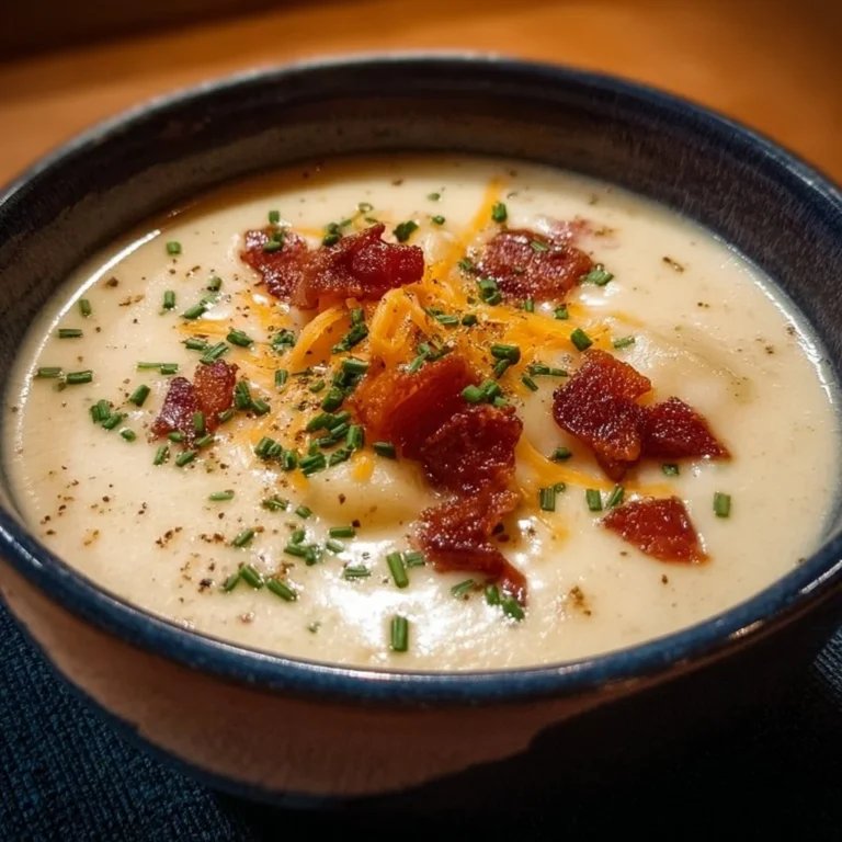Bowl of loaded potato soup topped with cheese and bacon bits