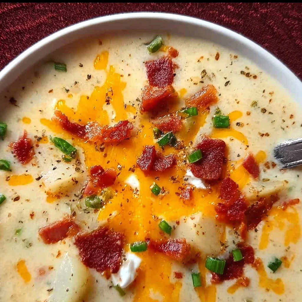 Bowl of creamy loaded potato soup topped with bacon, cheese, and green onions.