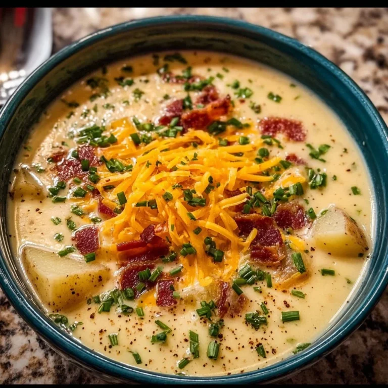 Bowl of delicious loaded potato soup topped with cheese and green onions.