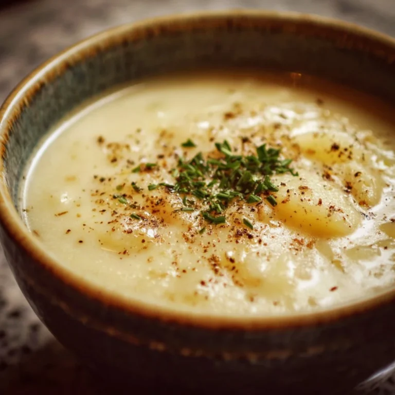 Bowl of old-fashioned potato soup with herbs and vegetables garnished on top.