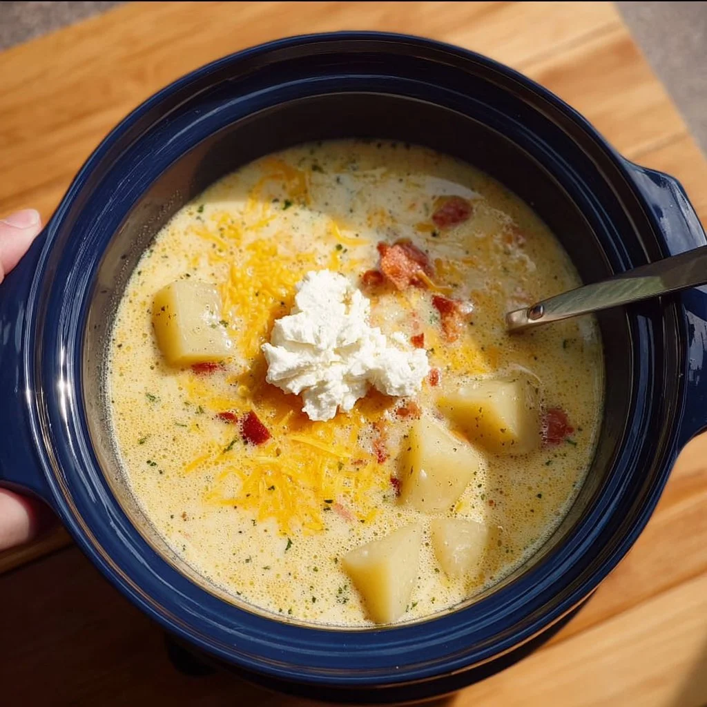 One-pot potato soup garnished with herbs in a bowl