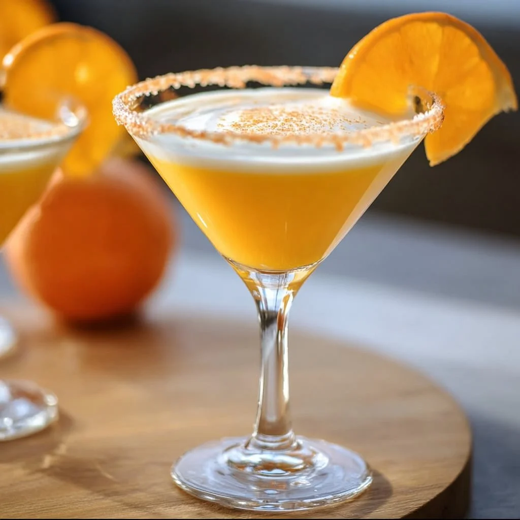Cheers with a vibrant Orange Creamsicle Martini topped with orange garnish.