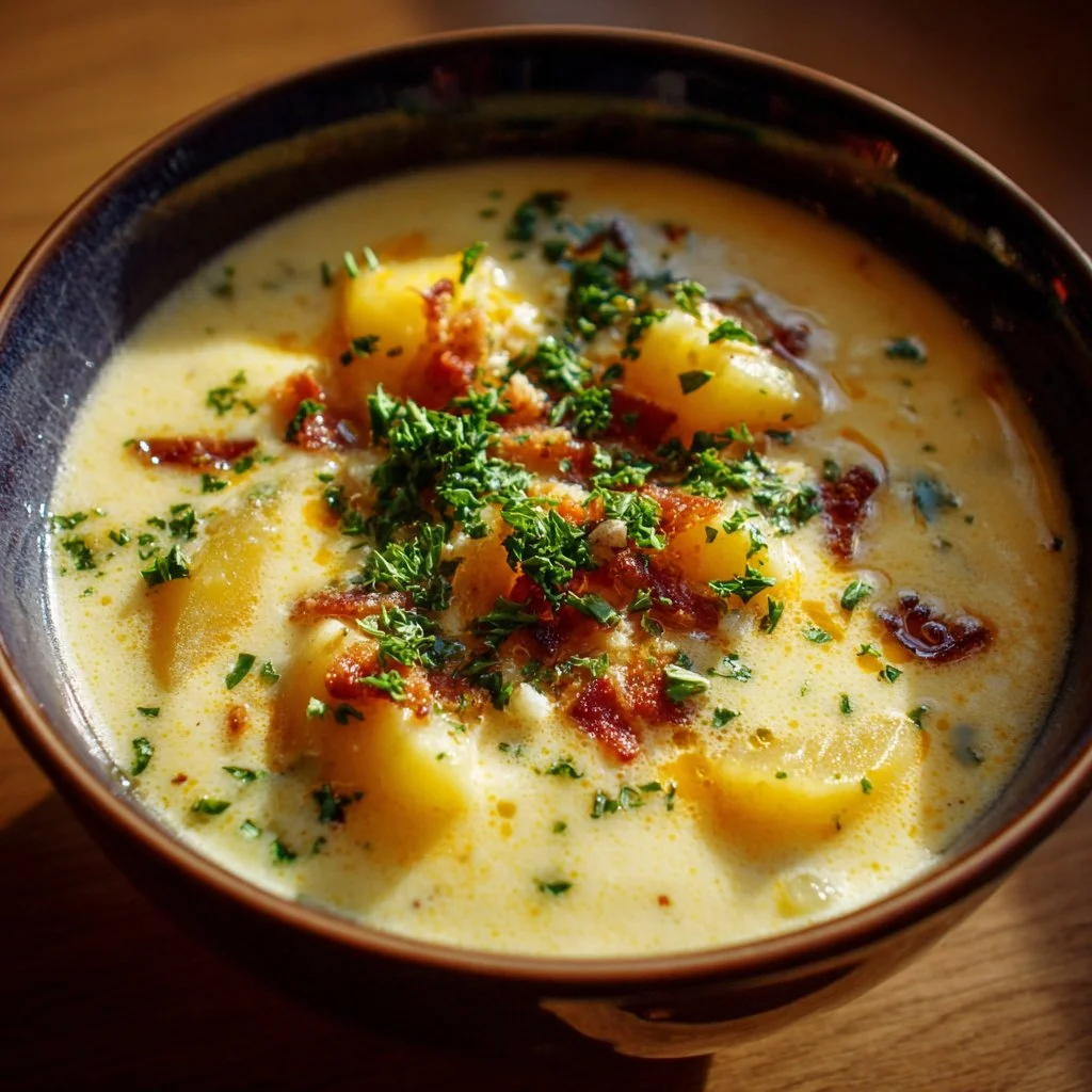 Delicious Outback Potato Soup served in a bowl with toppings.