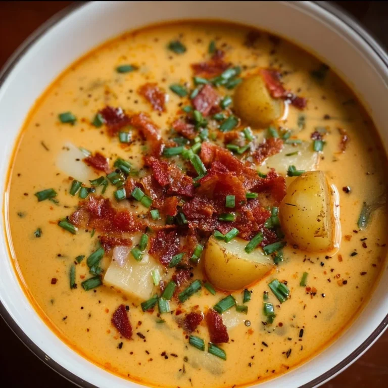 Delicious bowl of Outback potato soup garnished with chives and bacon.