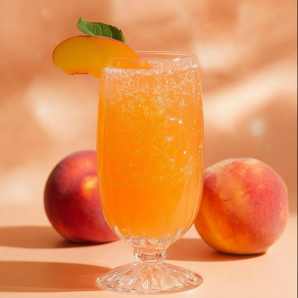 Refreshing Peach Bellini mocktail served in a glass with peach slices