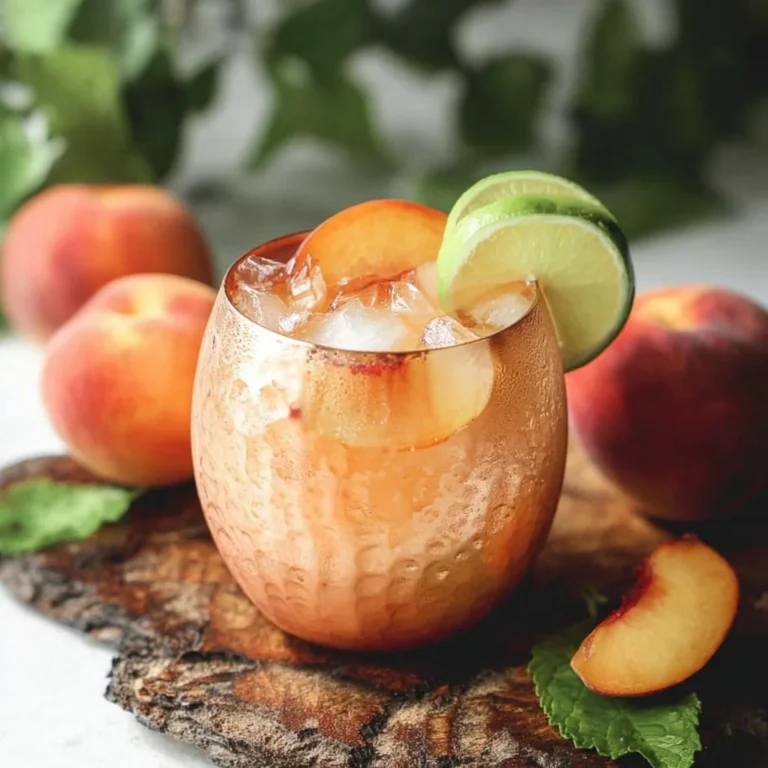 Refreshing Peach Moscow Mule cocktail garnished with peach slices and mint.