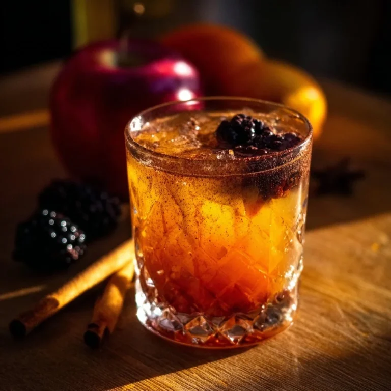 Poisoned Apple Cider Cocktail with apple slices and spices in a glass.