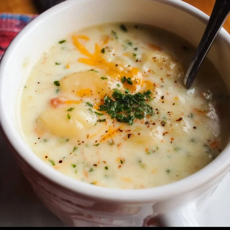 Bowl of easy potato soup garnished with herbs and bread on the side