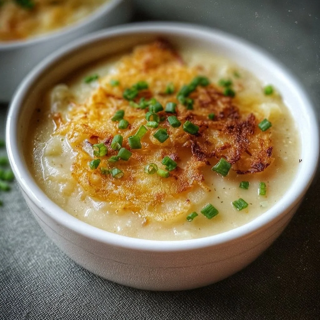 Delicious potato soup made with frozen hash browns, served in a bowl.