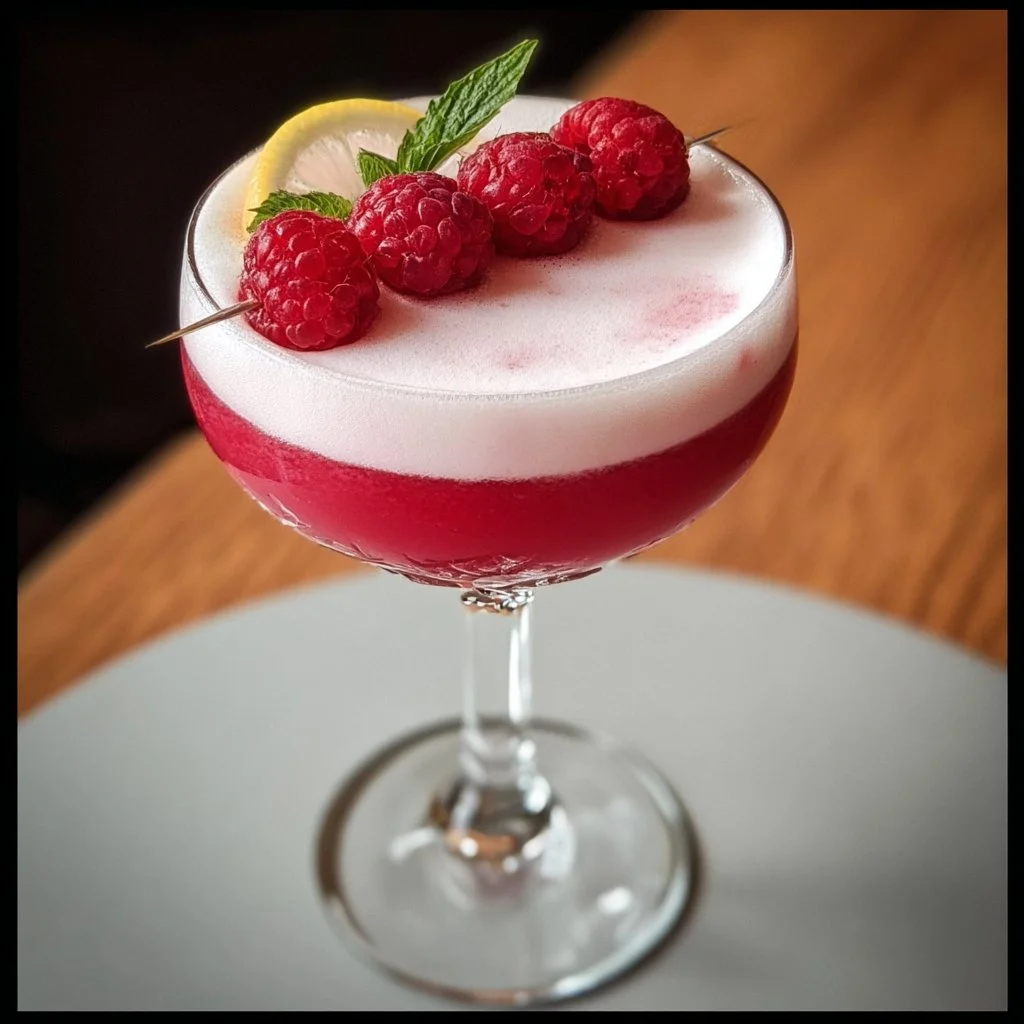 Raspberry Gin Sour cocktail with fresh raspberries and gin served in a glass.