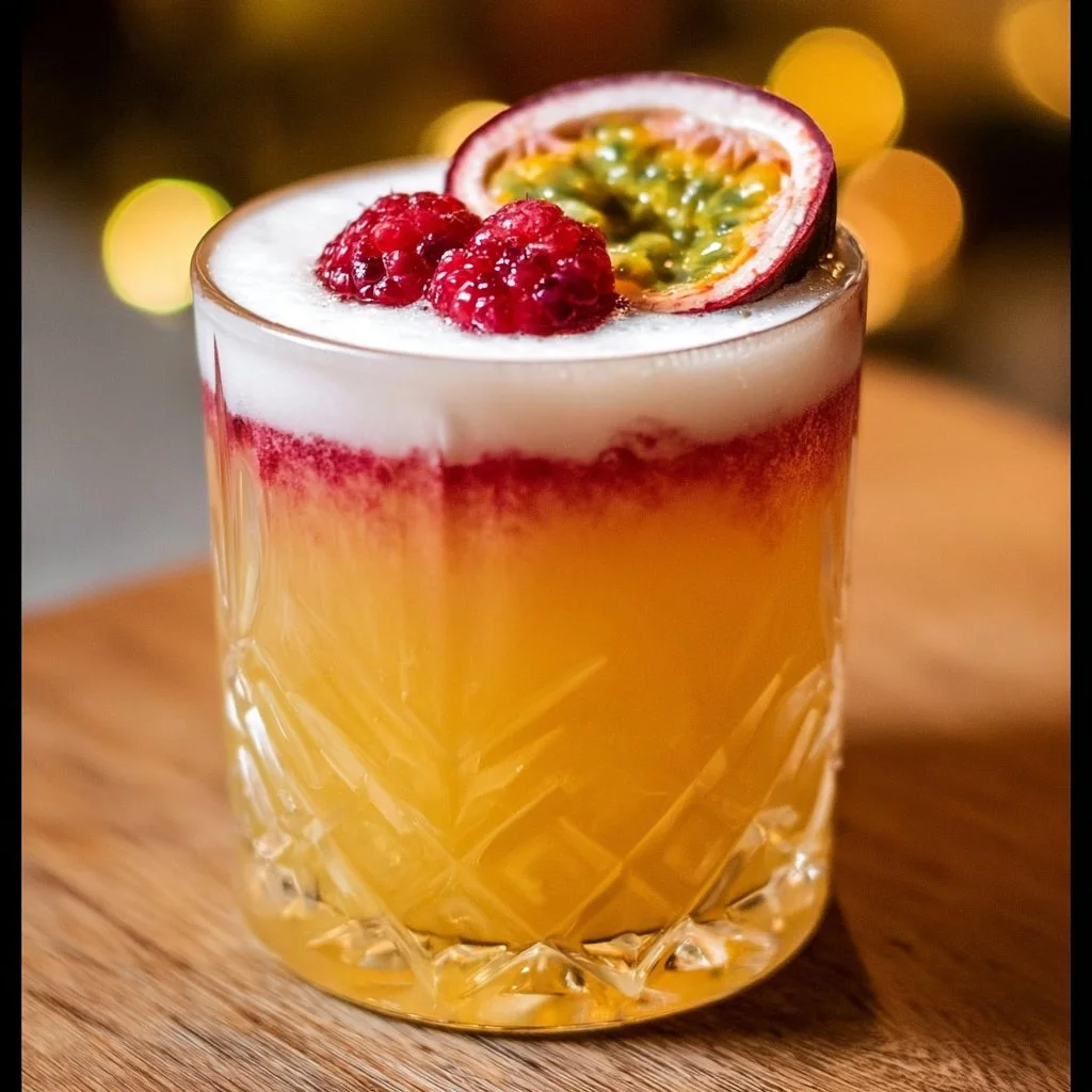 Raspberry Passionfruit Tequila Sour cocktail garnished with fresh raspberries