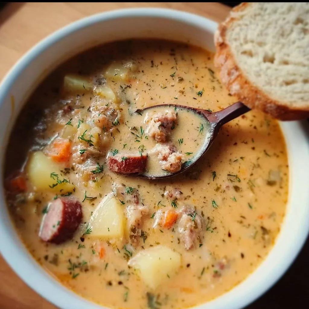 Bowl of Sausage Potato Soup with fresh herbs and bread