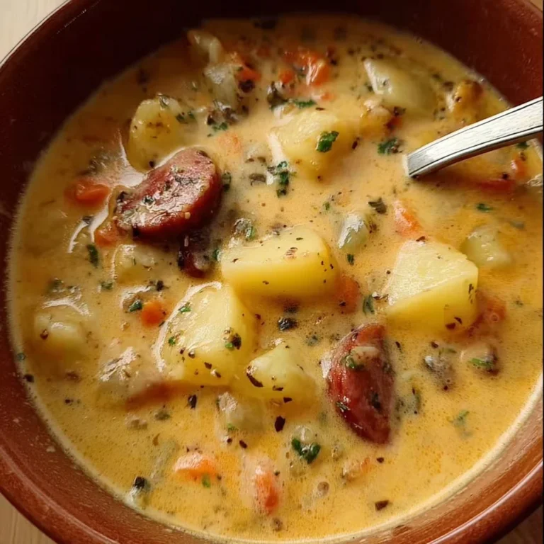 Bowl of creamy Sausage Potato Soup garnished with fresh herbs.