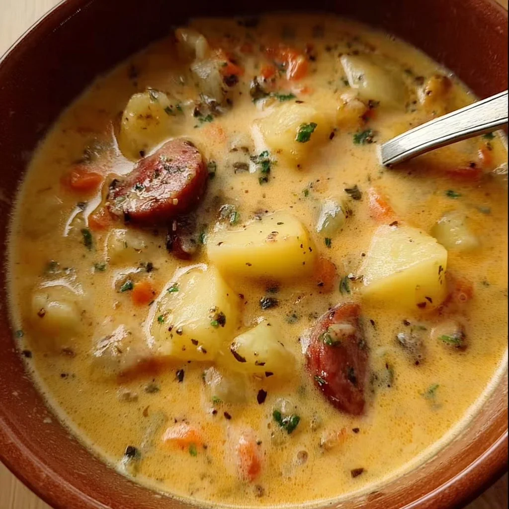 Bowl of creamy Sausage Potato Soup garnished with fresh herbs.