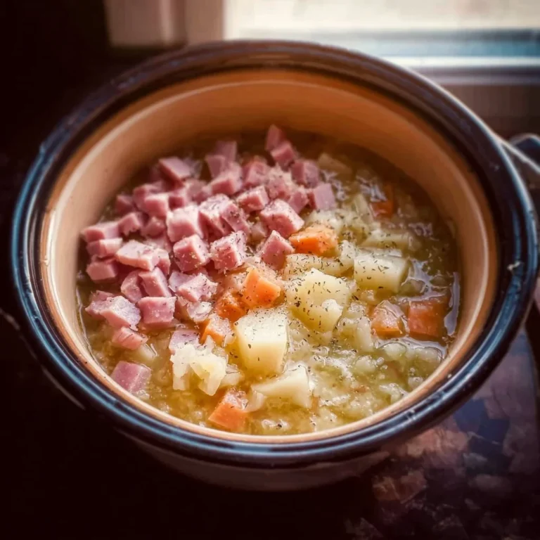 Creamy slow cooker ham and potato soup with garnish in a bowl
