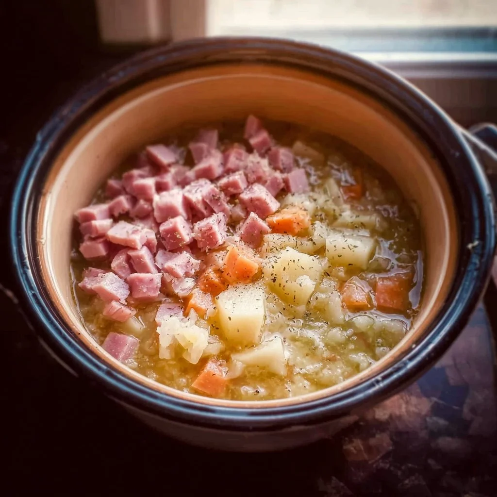 Creamy slow cooker ham and potato soup with garnish in a bowl