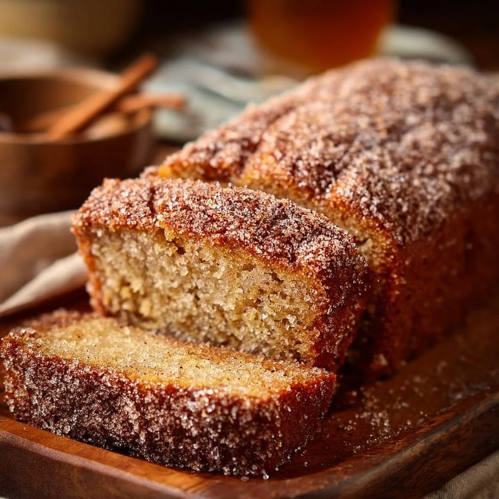 Spiced apple cider donut loaf with a cinnamon sugar crust on a rustic wooden table