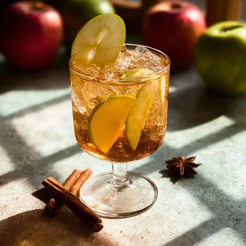 Delicious spiced apple cider spritz mocktail served in a festive glass
