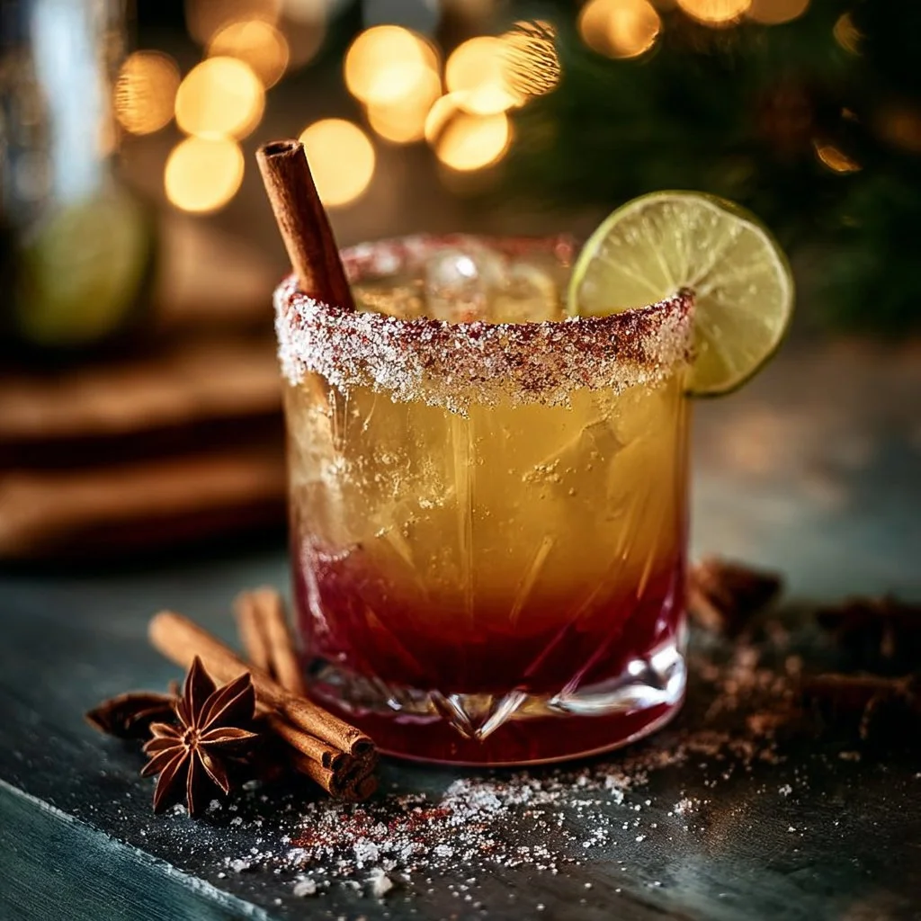 A festive Spiced Christmas Margarita garnished with cinnamon and lime