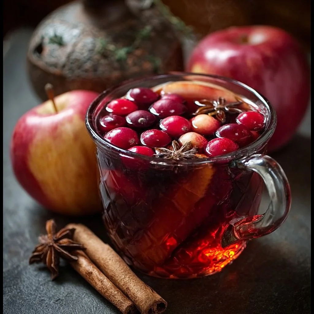 A cozy cup of spiced cranberry apple cider with cinnamon sticks and fresh cranberries